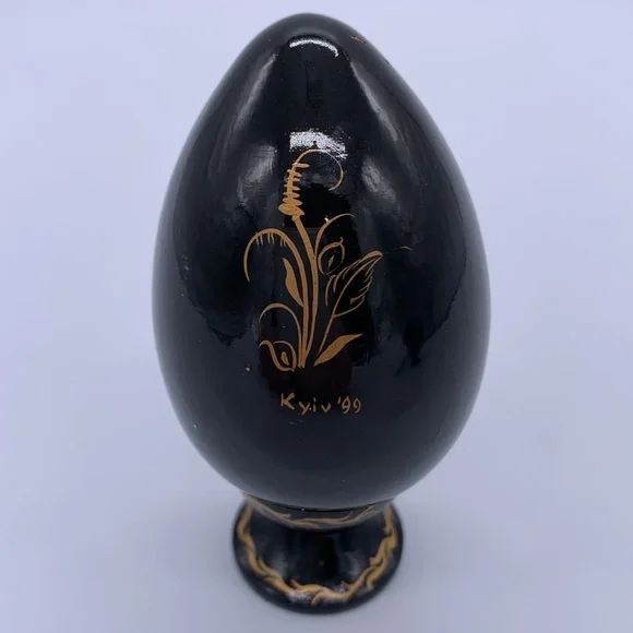 Hand Painted Vtg Ukrainian Signed Wooden Easter Egg Black Florals Stand - Picture 2 of 7